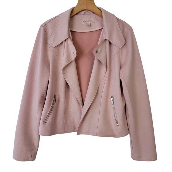 Philosophy Jacket Faux Suede Open Front Baby Pink Moto Womens Size Large Casual - Picture 1 of 9